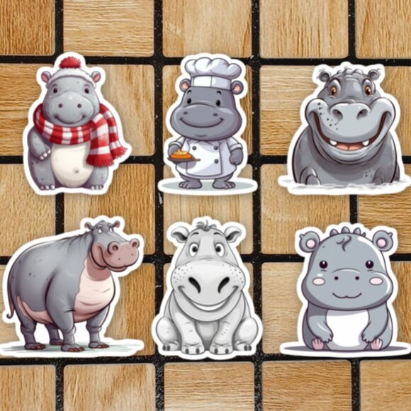 Hippopotamus Sticker Pack of 6 Vinyl Stickers - Waterproof Hippo Sticker Set - Picture 1 of 4